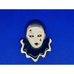 Vintage Pierrot Clown Brooch Enamel Gold Tone Mask Pin Retro Costume Jewelry